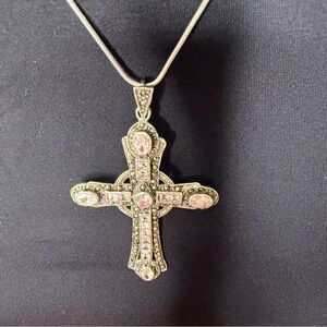 Vintage 925 Sterling Silver Gothic Cross Marcasite Statement Pendant Necklace